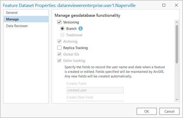 Feature Dataset Properties dialog box with the Manage tab selected