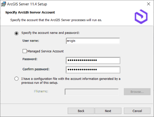Specify the ArcGIS Server account. Specify the ArcGIS Server account.